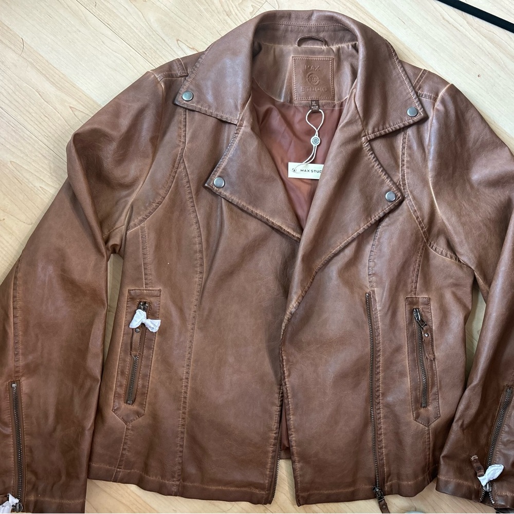 Beautiful Brown Distressed Faux Leather Bomber Jacket, New with Tags